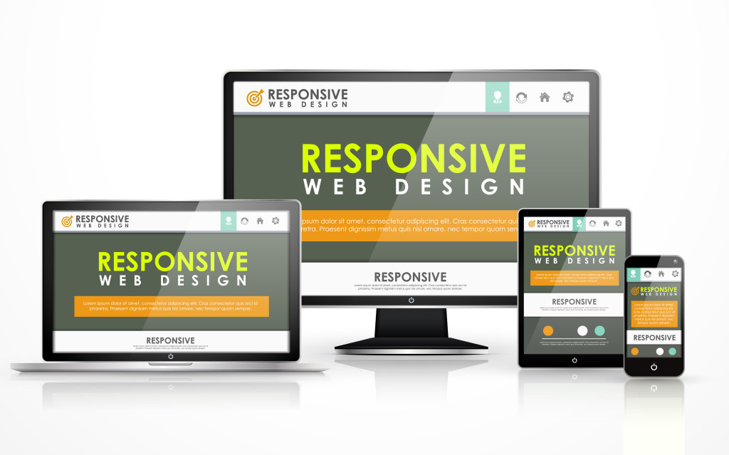 responsive web design concept in flat screen TV, tablet, smart phone and laptop